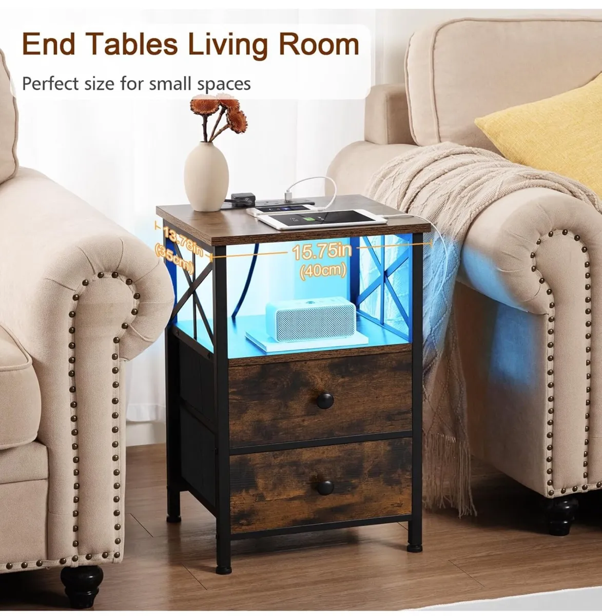 Bedside Table Set of 2, Side Table with Charging S - Image 3