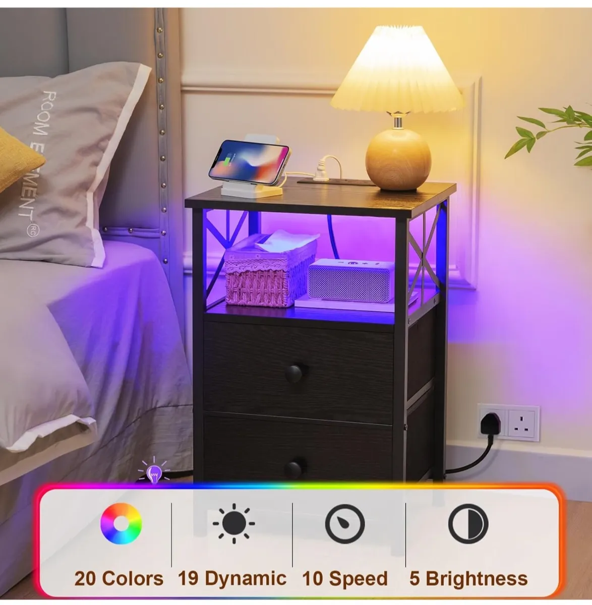 Bedside Table Set of 2, Side Table with Charging S - Image 1