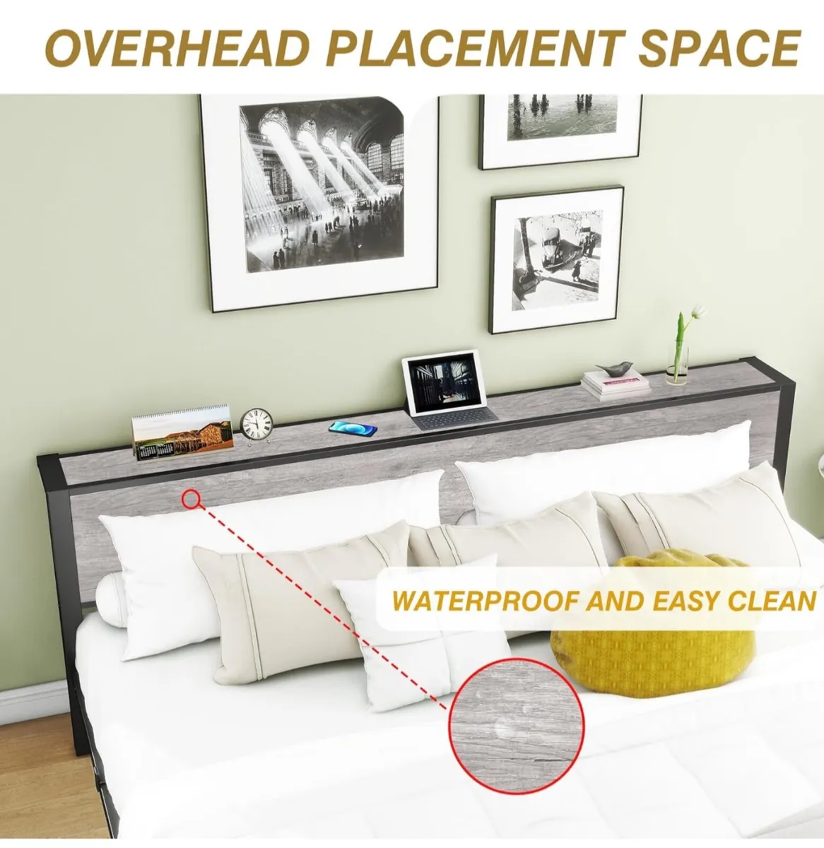 Double Bed Frames with Storage Wooden Headboard, M - Image 2