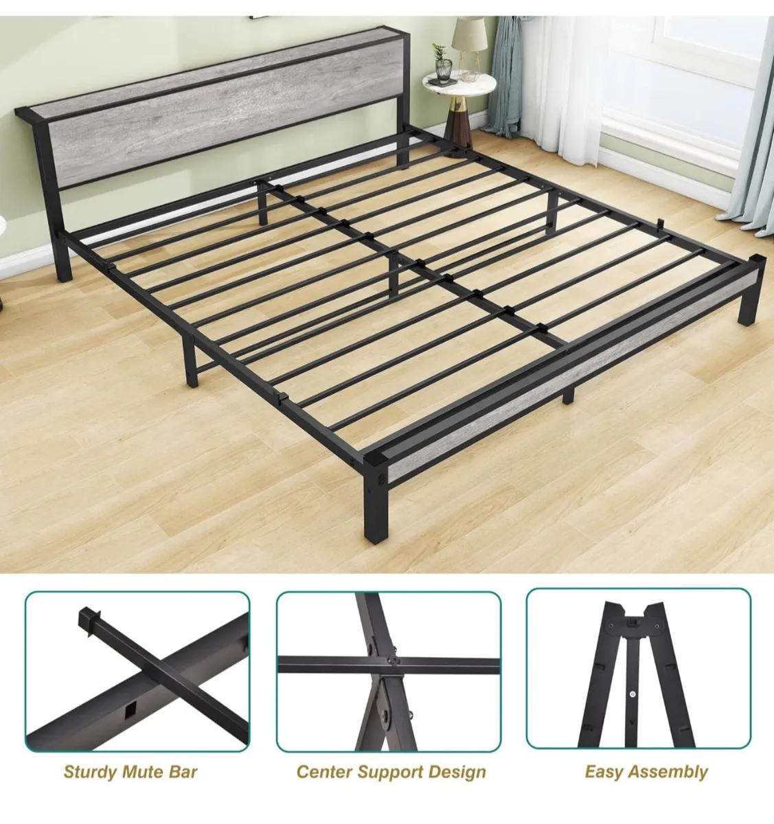 Double Bed Frames with Storage Wooden Headboard, M - Image 4
