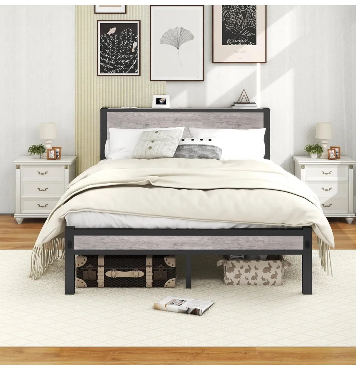 Double Bed Frames with Storage Wooden Headboard, M - Image 1