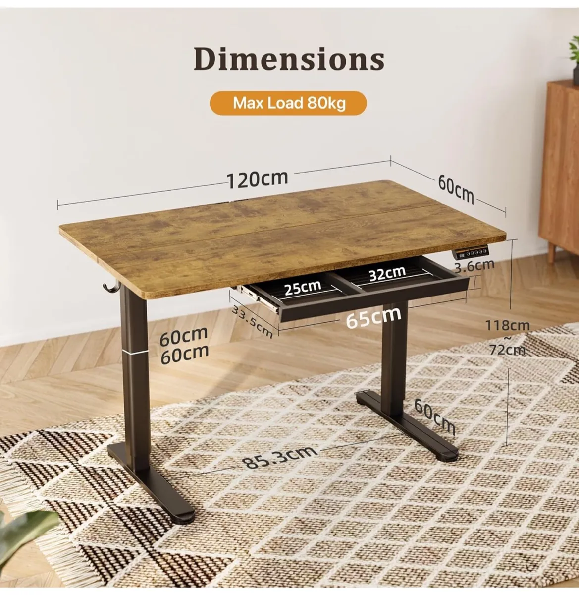 Electric Standing Desk with Drawer, 120 x 60 cm - Image 2