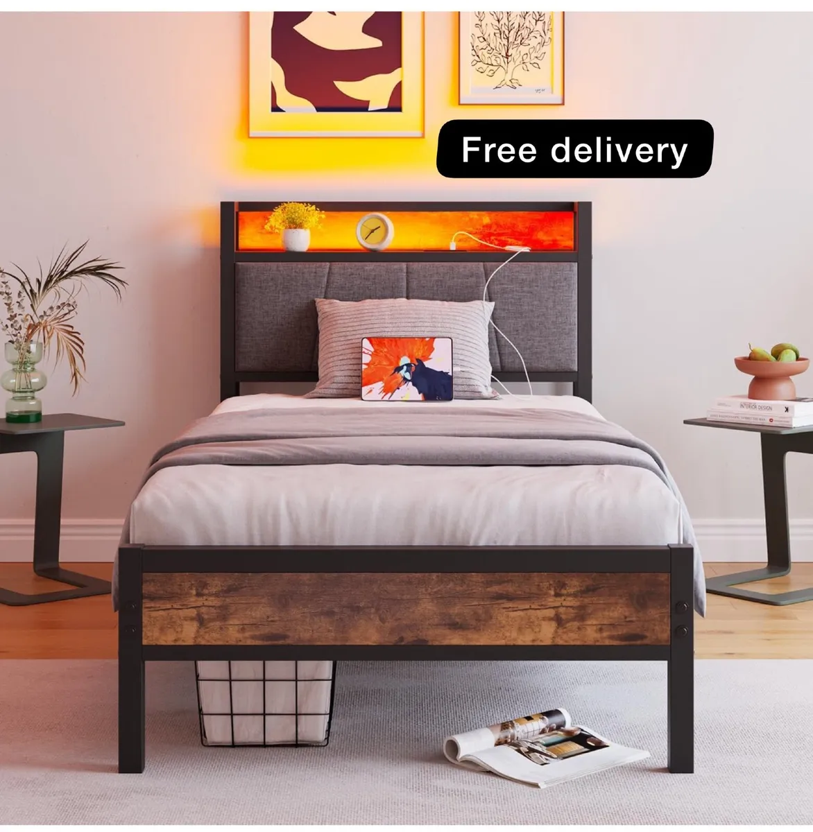 single LED Lights,Metal Upholstered Platform Bed F - Image 1