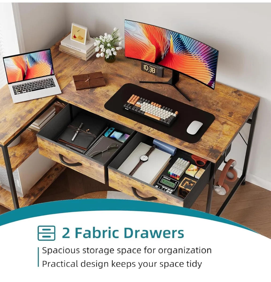 L Shaped Computer Desk with 2 Drawers, 100CM - Image 3