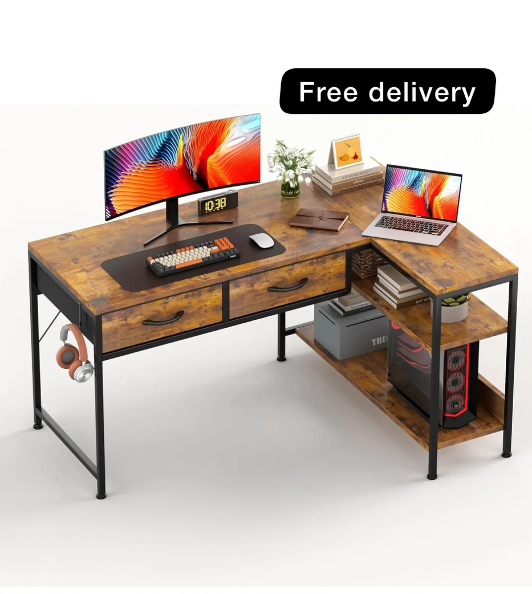 L Shaped Computer Desk with 2 Drawers, 100CM - Image 1