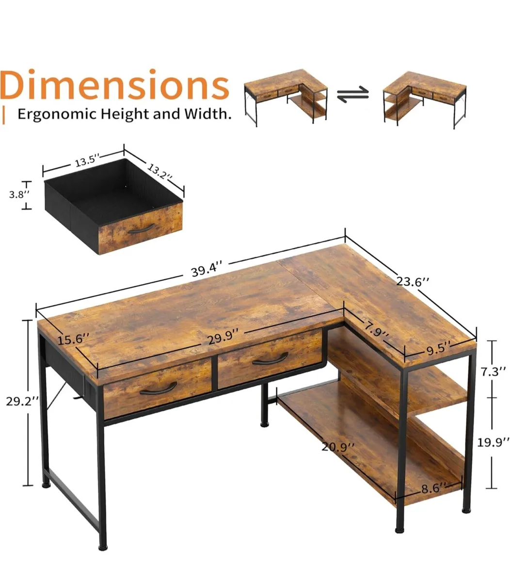 L Shaped Computer Desk with 2 Drawers, 100CM - Image 2