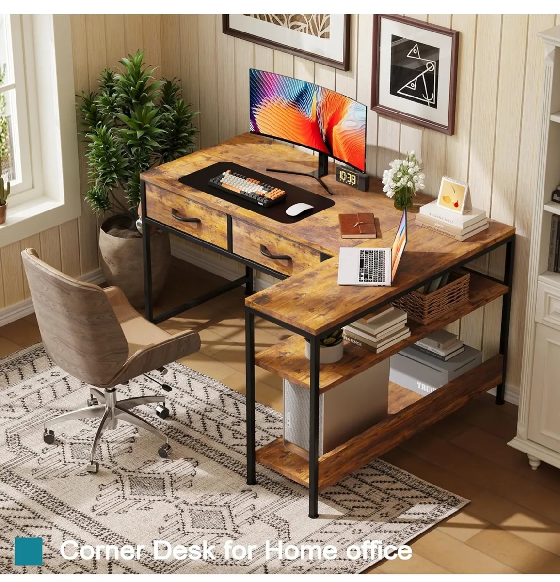 L Shaped Computer Desk with 2 Drawers, 100CM - Image 1