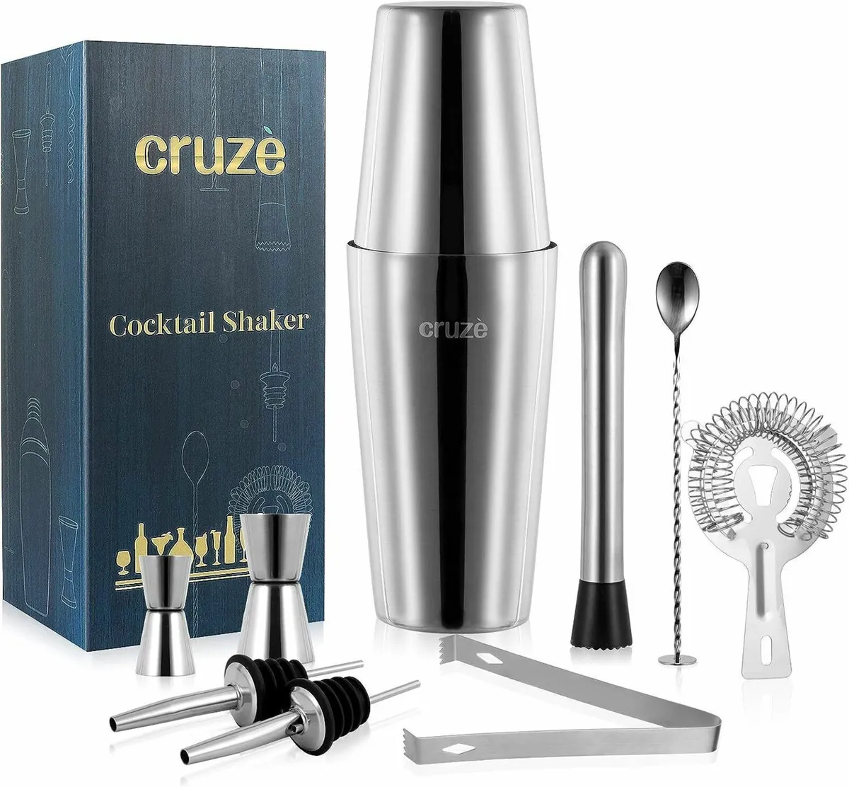 Stainless Steel Cocktail Shaker Set 9pcs Stand - Image 1