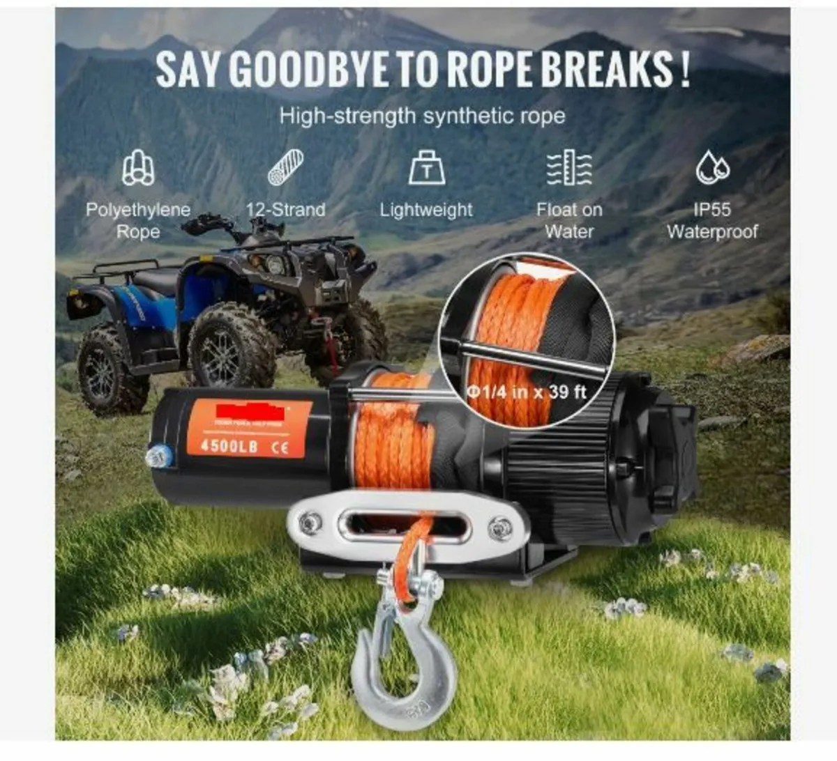 Electric Winch ATV UTV 2041.2 kg - Image 1