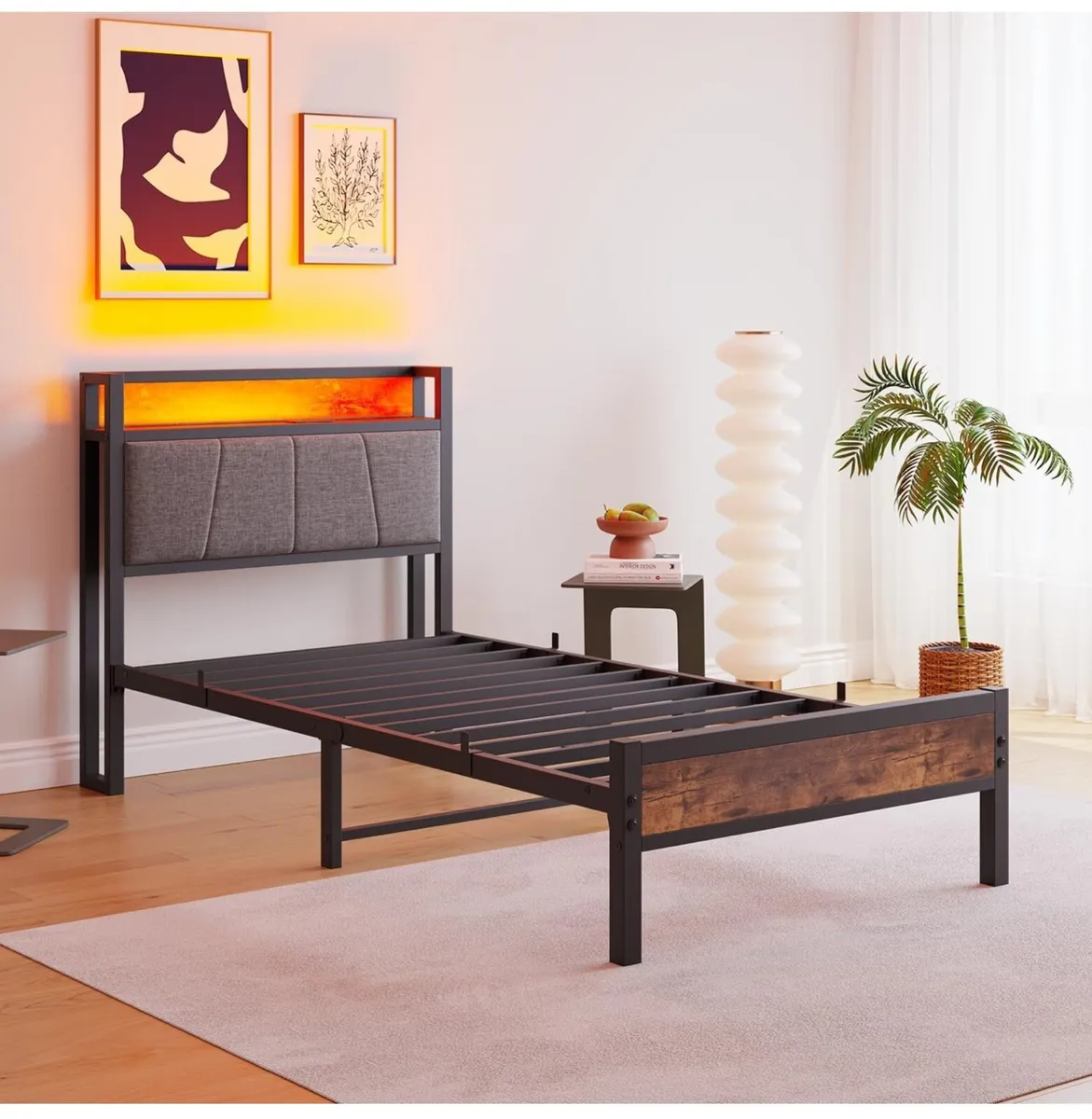 single LED Lights,Metal Upholstered Platform Bed F - Image 2