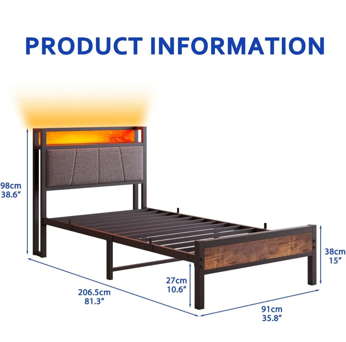 single LED Lights,Metal Upholstered Platform Bed F - Image 4