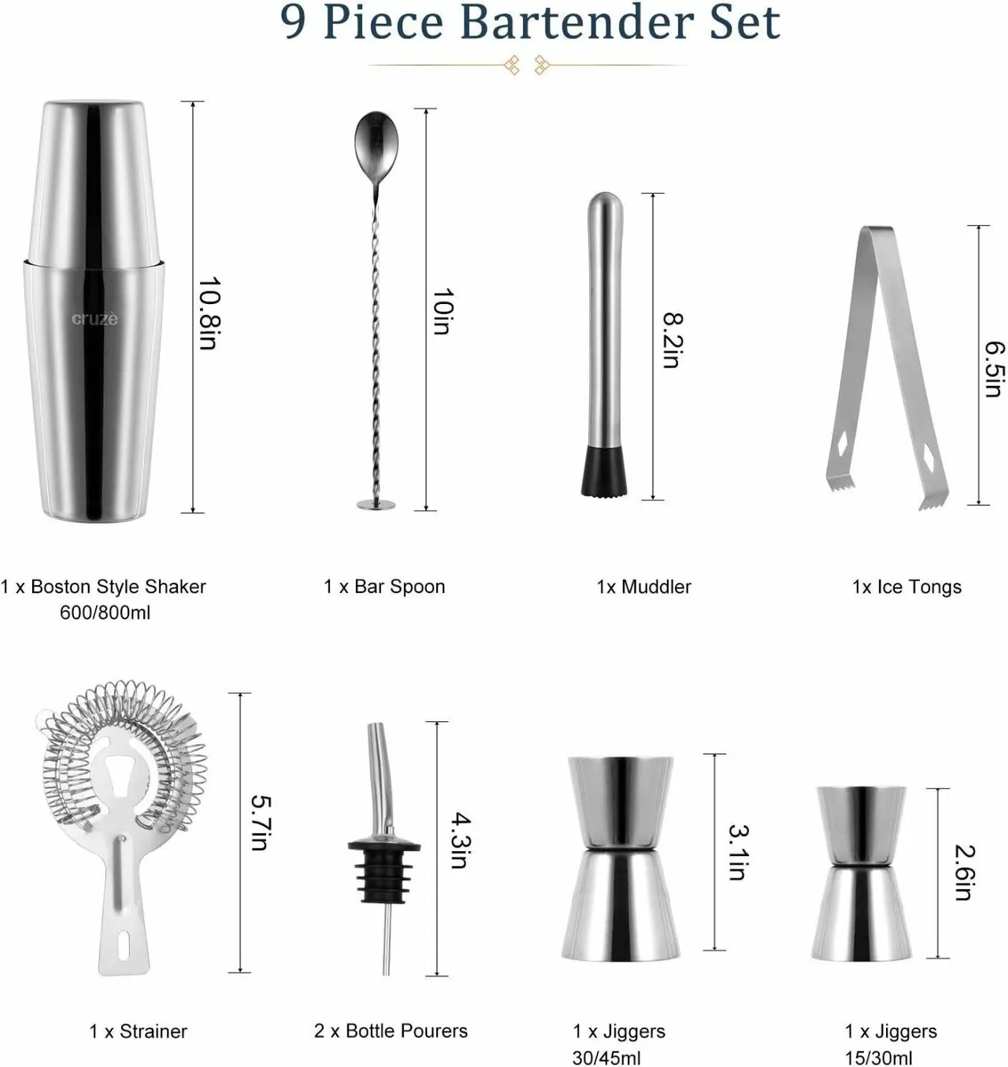 Professional Cocktail Shaker Kit 9pcs Stand - Image 2