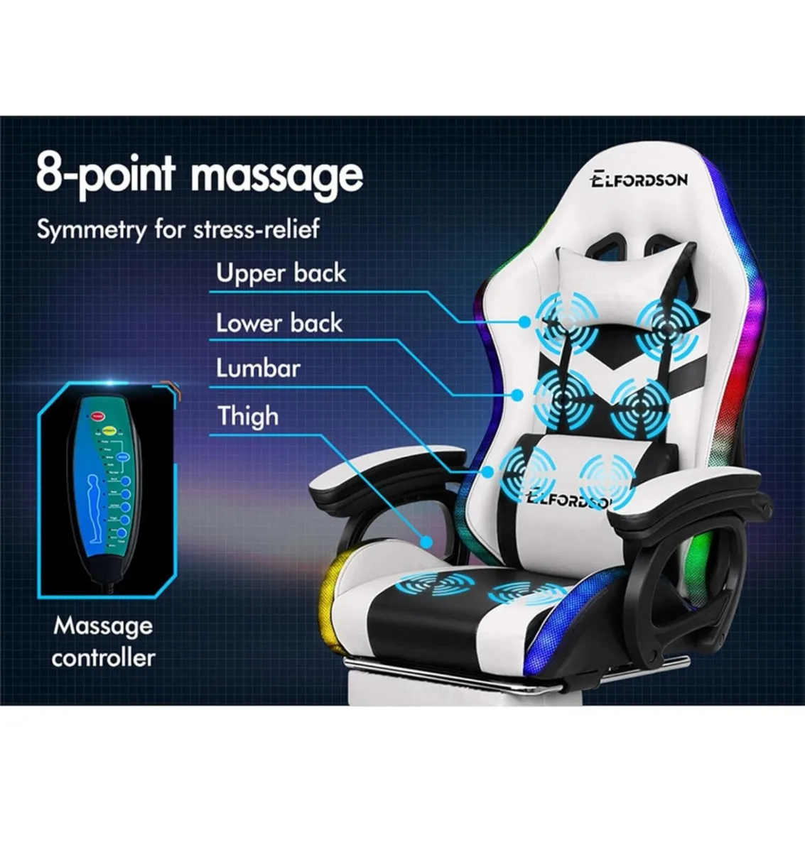 Gaming chair with massage function, LED lights - Image 3