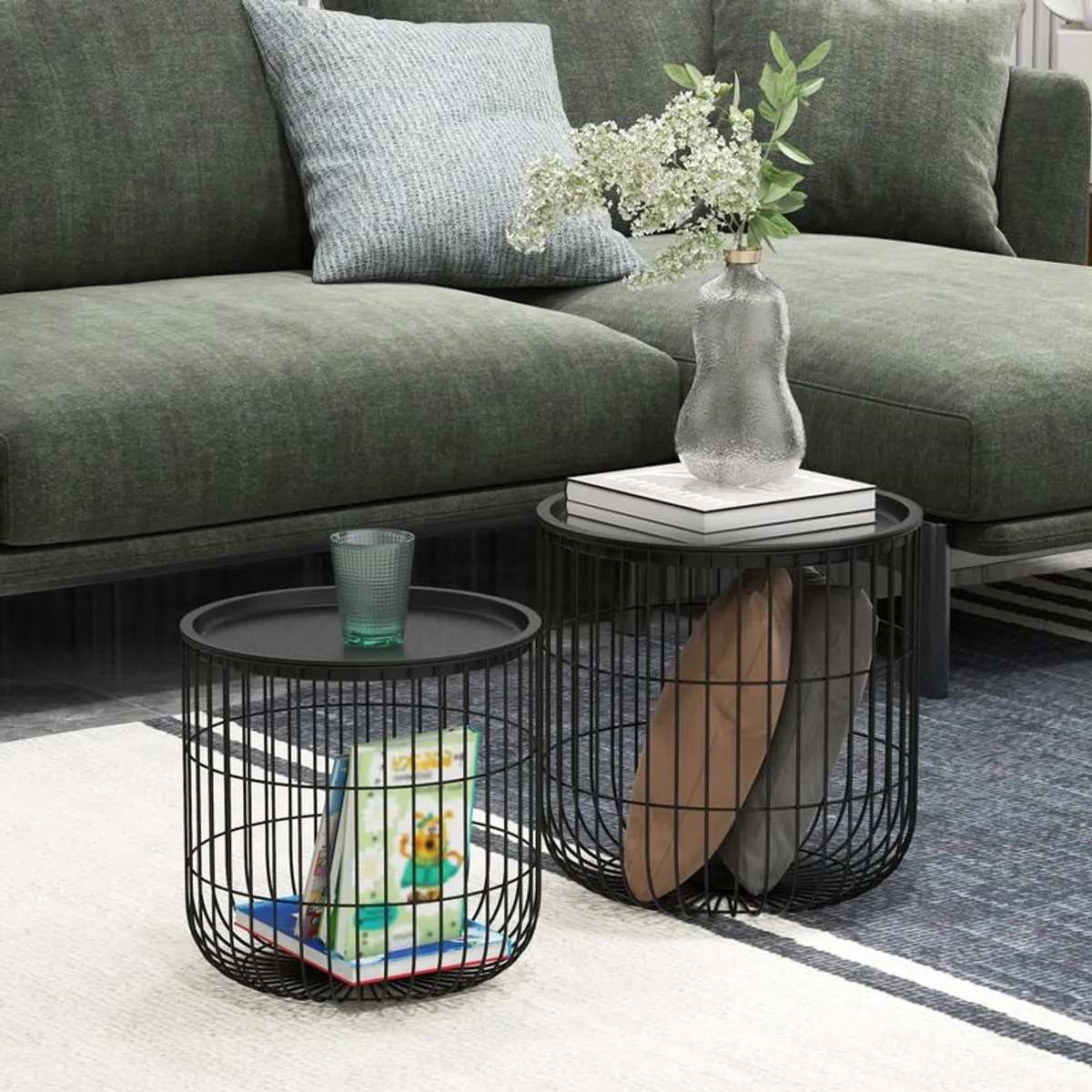 Black Scandinavian Stackable Side Tables (Set of 2) | Storage Basket Design | No Assembly - Image 2