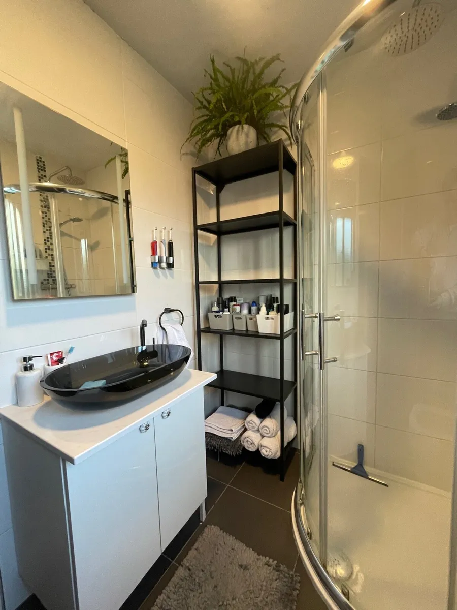 Bathroom items - sink, shower, shelves, towel rail - Image 1