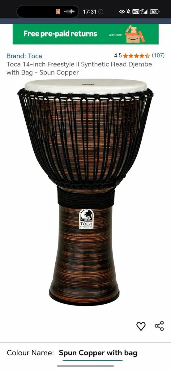 Toca 14" Freestyle II Djembe -SC + Head Cover - Image 1