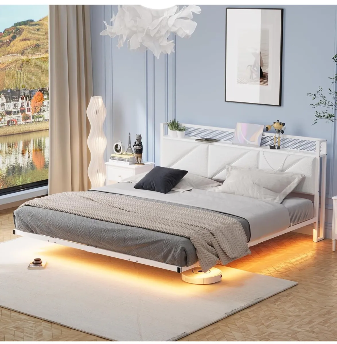 Floating King Bed Frame with LED Lights & USB Char - Image 1