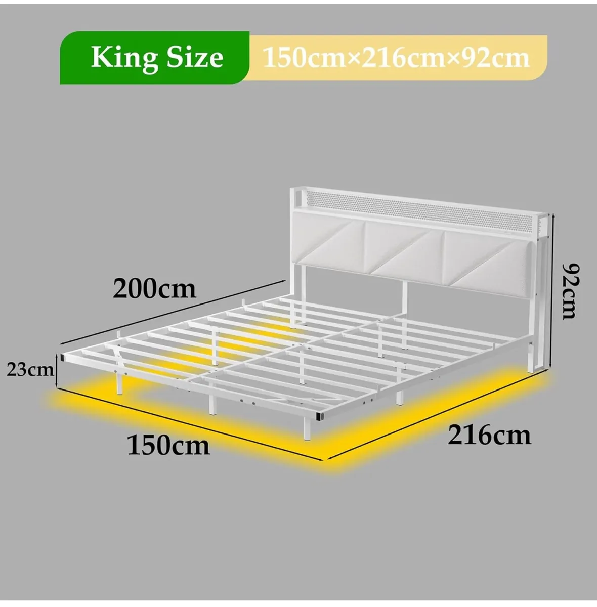 Floating King Bed Frame with LED Lights & USB Char - Image 3