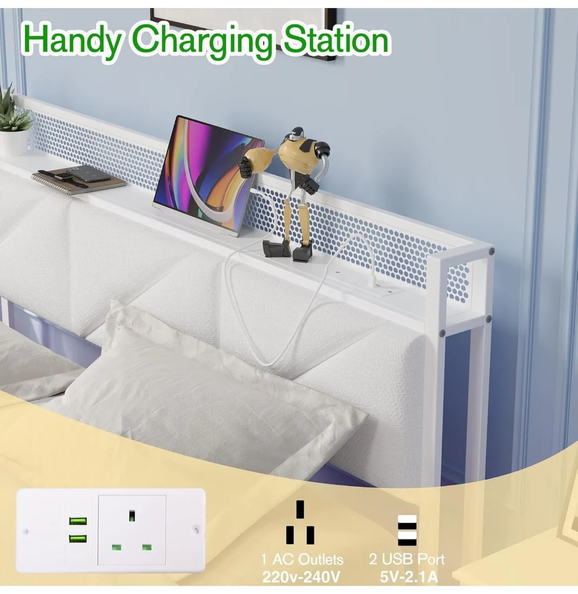 Floating King Bed Frame with LED Lights & USB Char - Image 4