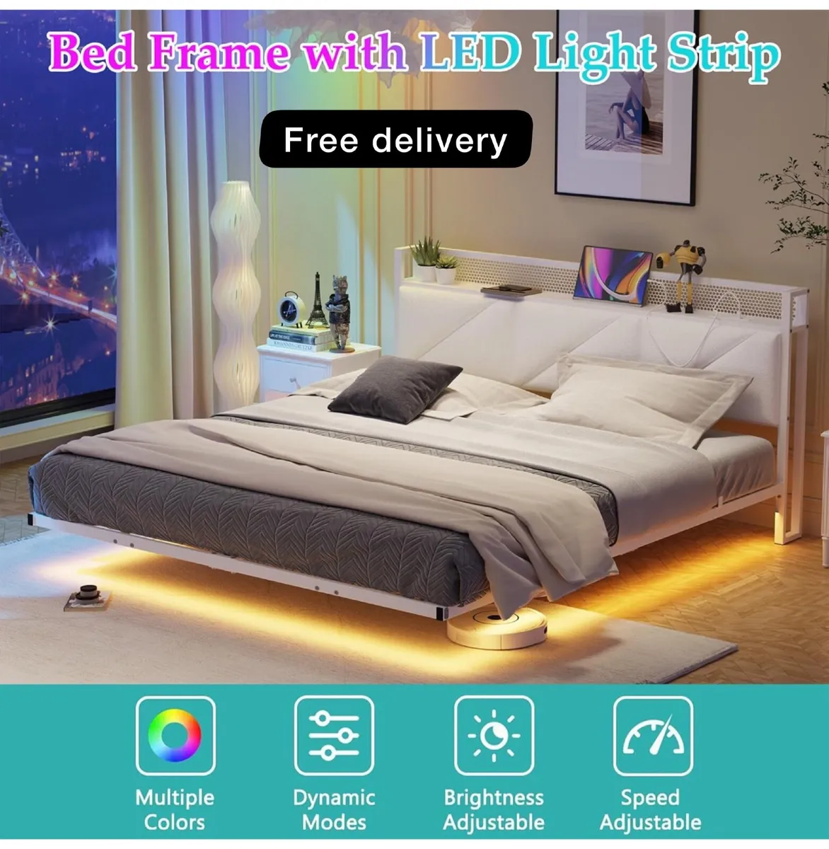 Floating King Bed Frame with LED Lights & USB Char - Image 2
