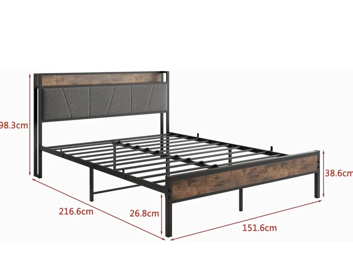 King Size Bed Frame with Storage Wooden Headboard, - Image 2
