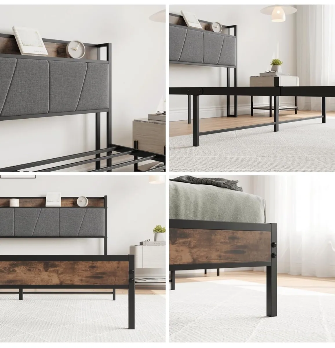 King Size Bed Frame with Storage Wooden Headboard, - Image 3