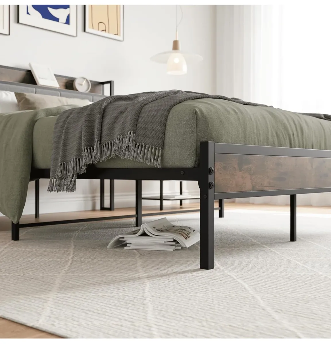 King Size Bed Frame with Storage Wooden Headboard, - Image 4