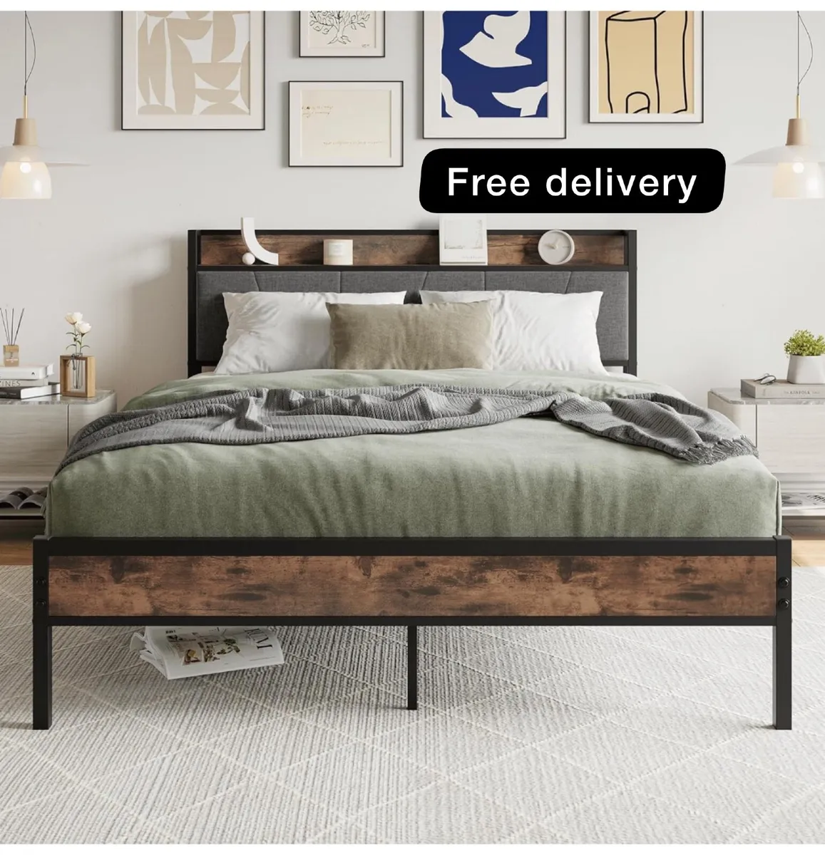 King Size Bed Frame with Storage Wooden Headboard, - Image 1