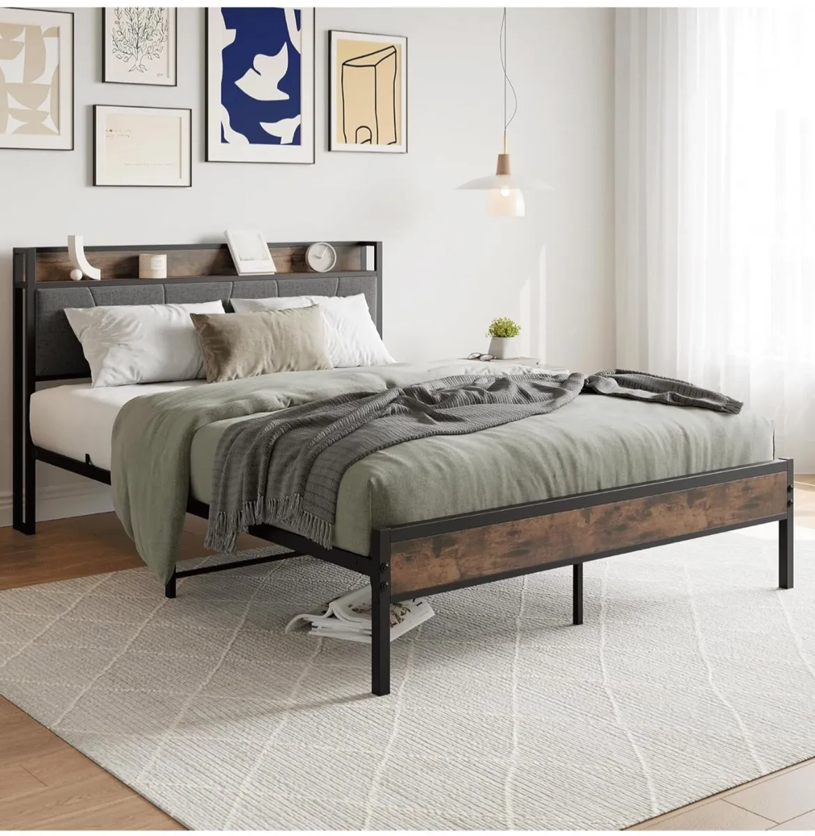 King Size Bed Frame with Storage Wooden Headboard, - Image 1