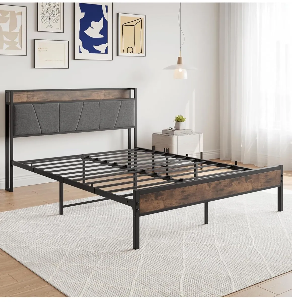 King Size Bed Frame with Storage Wooden Headboard, - Image 3