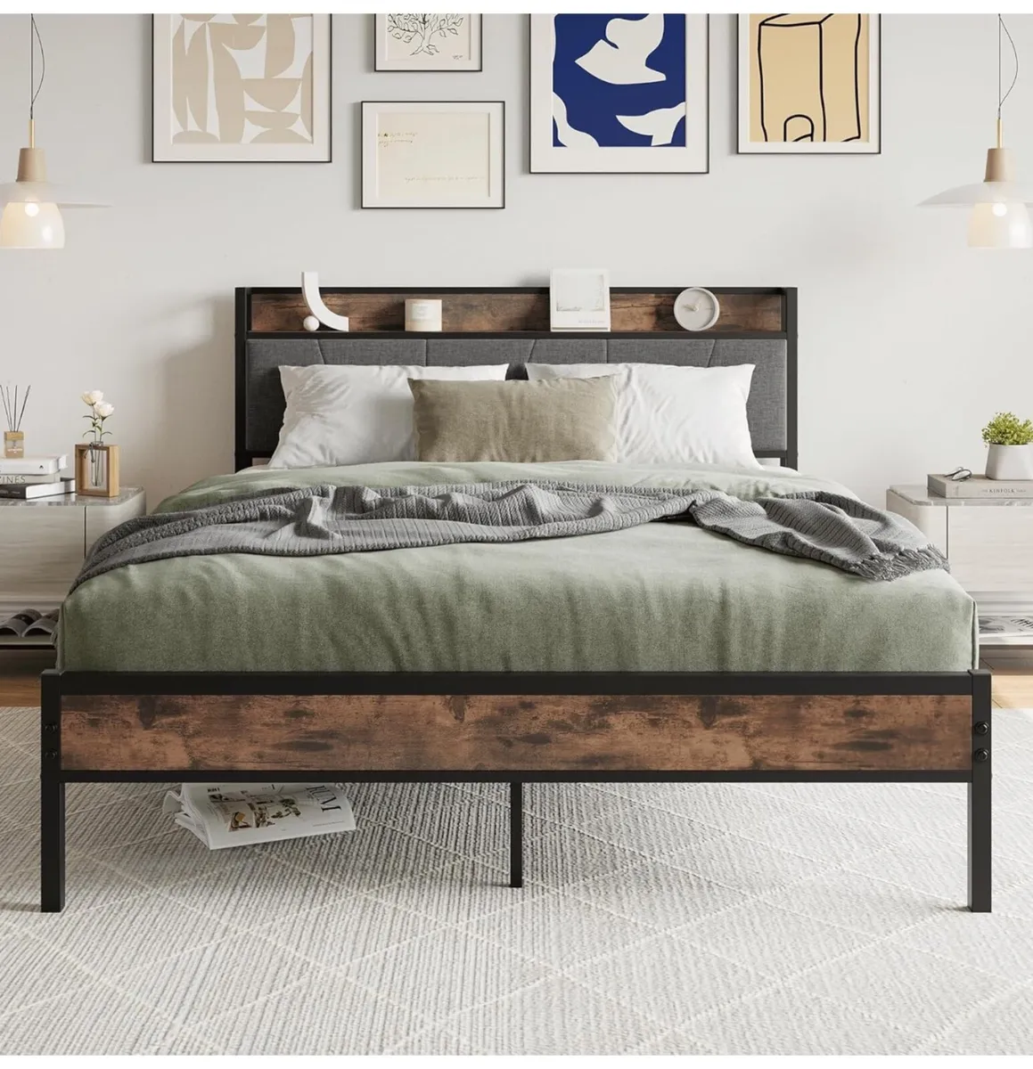 King Size Bed Frame with Storage Wooden Headboard, - Image 4