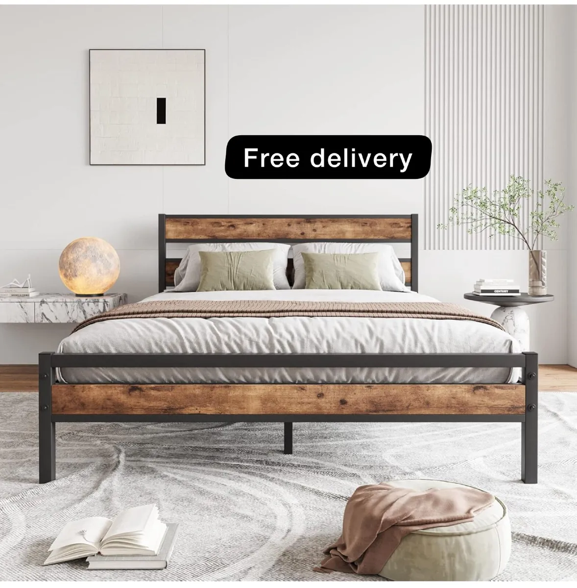 King Size Bed Frame with Wooden Headboard - Image 1