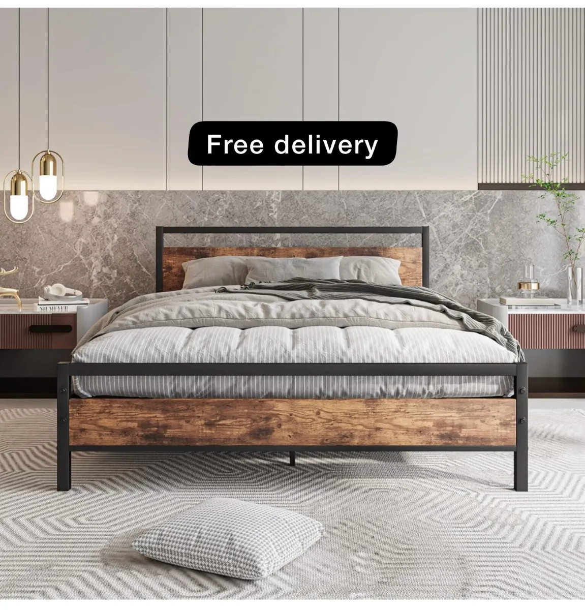 King Size Bed Frame with Wooden Headboard - Image 1