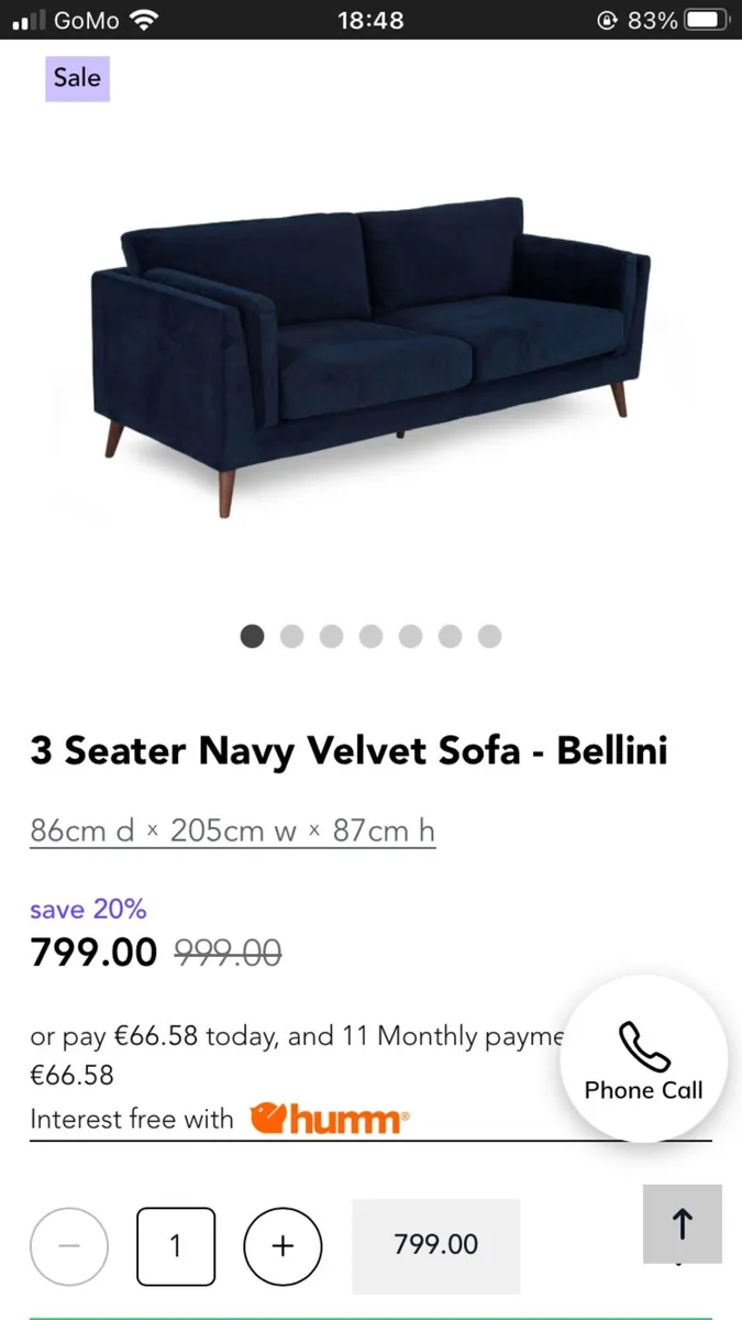 Navy Velvet Sofa for Sale - Image 2