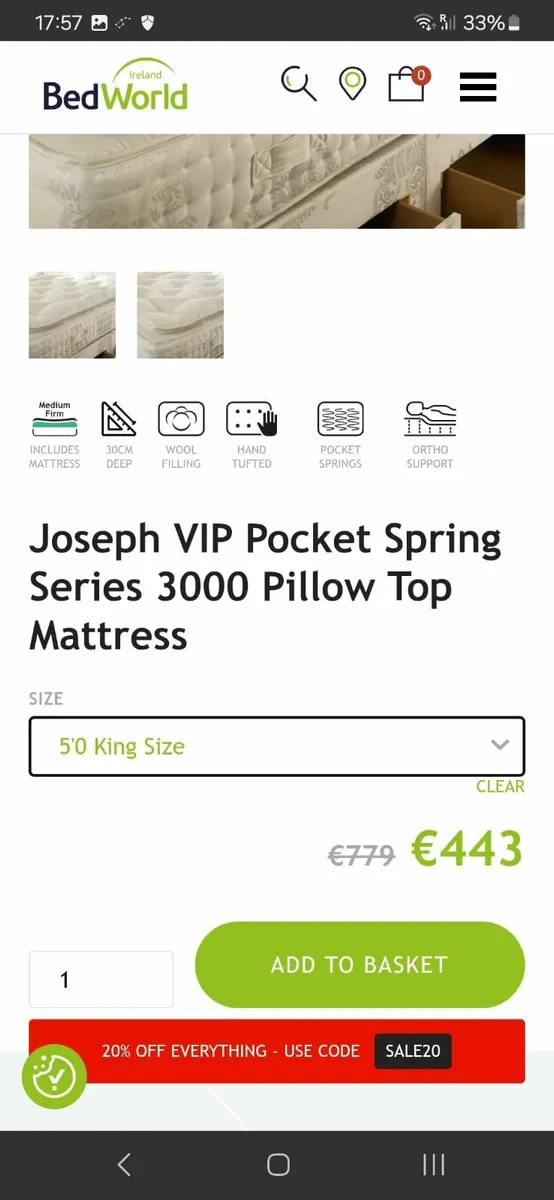 King size Mattress Pocket spring with pillow top - Image 1