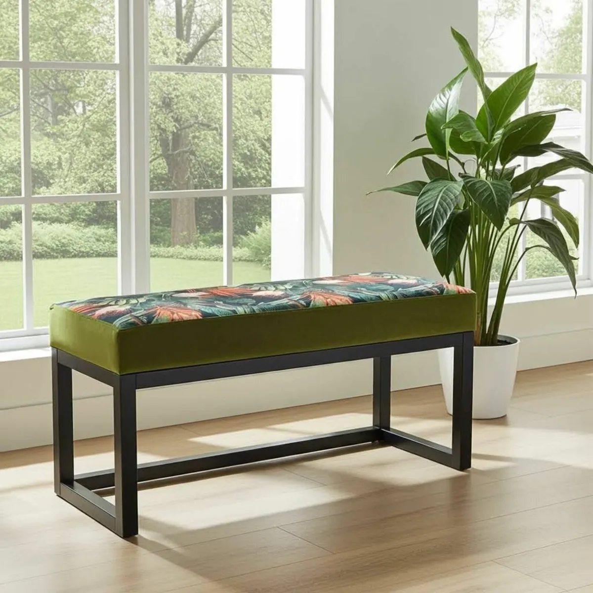 Wooden frame bench with velvet seat - Image 1