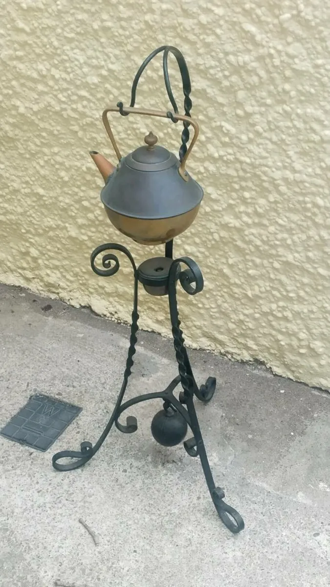 Antique Spirit kettle on metal tripod stand - Image 1