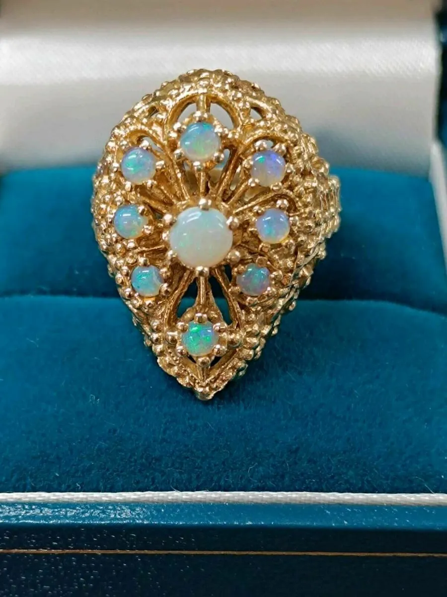 Opal Ornate Filigree Pear Cluster Ring ,14K Gold - Image 2