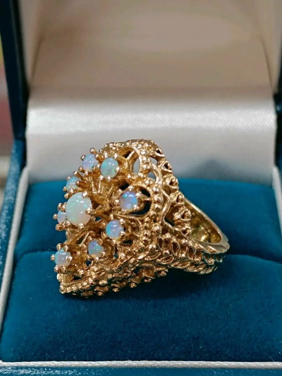 Opal Ornate Filigree Pear Cluster Ring ,14K Gold - Image 3