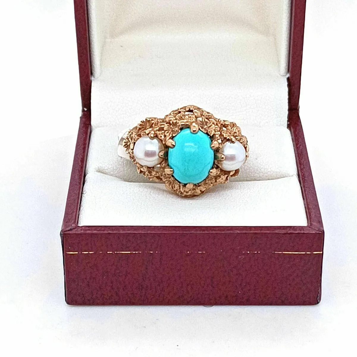 Vintage 9k Turquoise & Pearl, Flower Detail Ring - Image 1