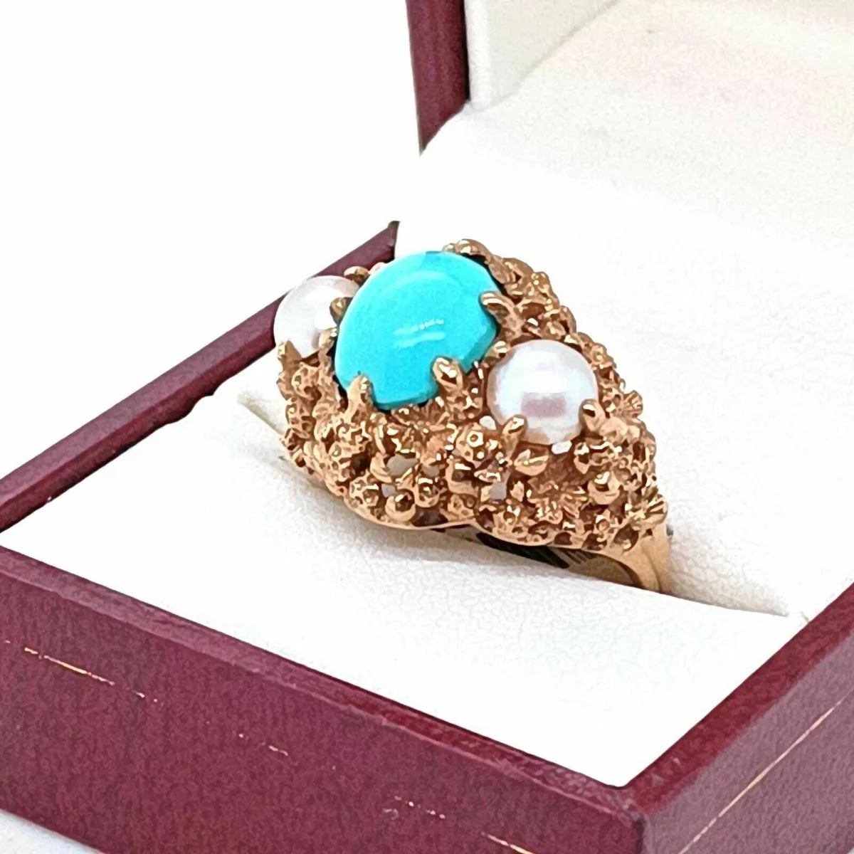 Vintage 9k Turquoise & Pearl, Flower Detail Ring - Image 2