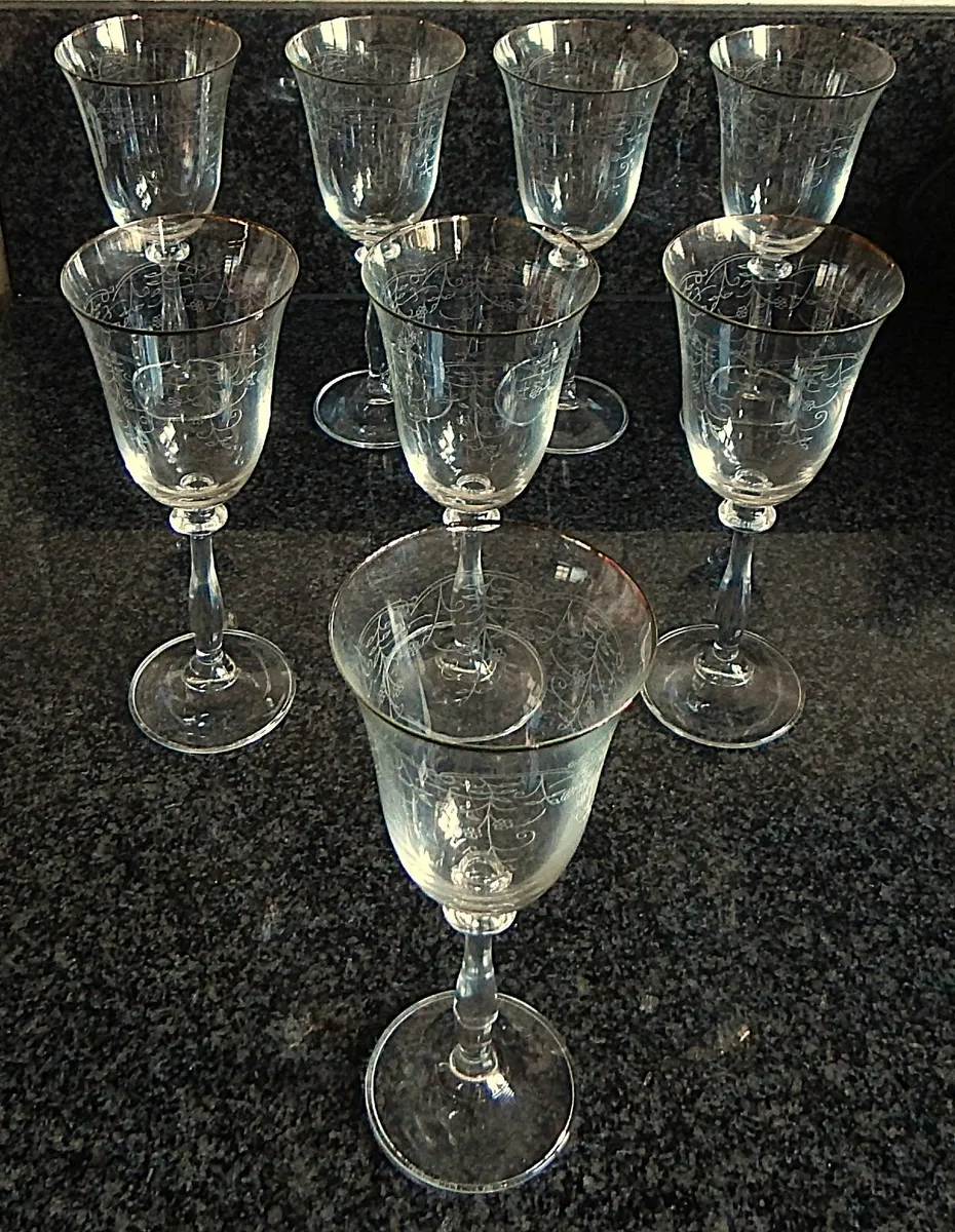 Set of 8 Etched Crystal Wine Glasses - Image 1