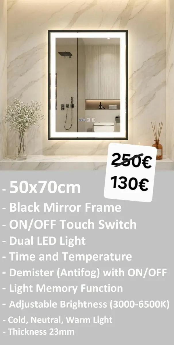 LED Bathroom Mirror Black Frame 50x70cm Antifog - Image 1