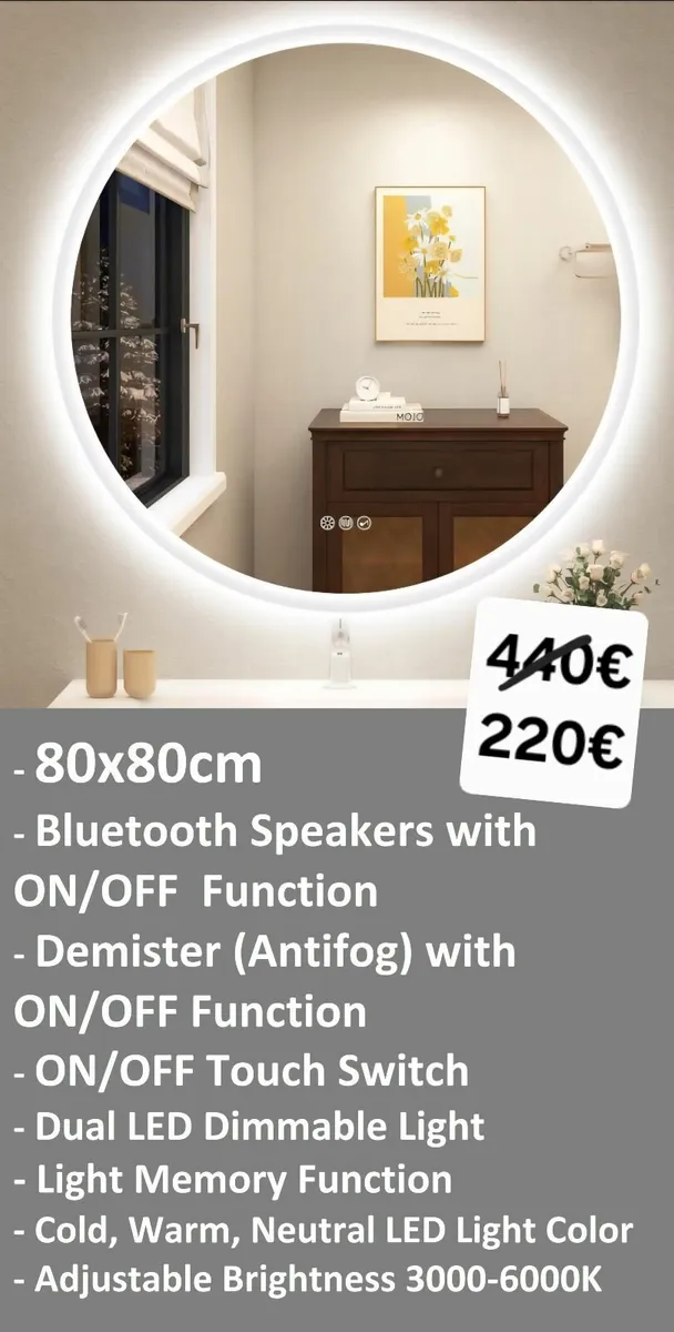 LED Bathroom Mirror 80x80cm - Image 1