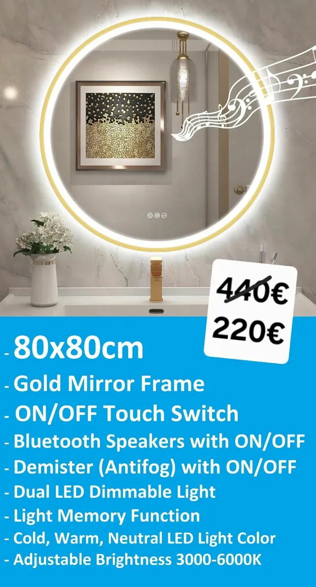 LED Bathroom Mirror Gold Frame Bluetooth Speakers - Image 1