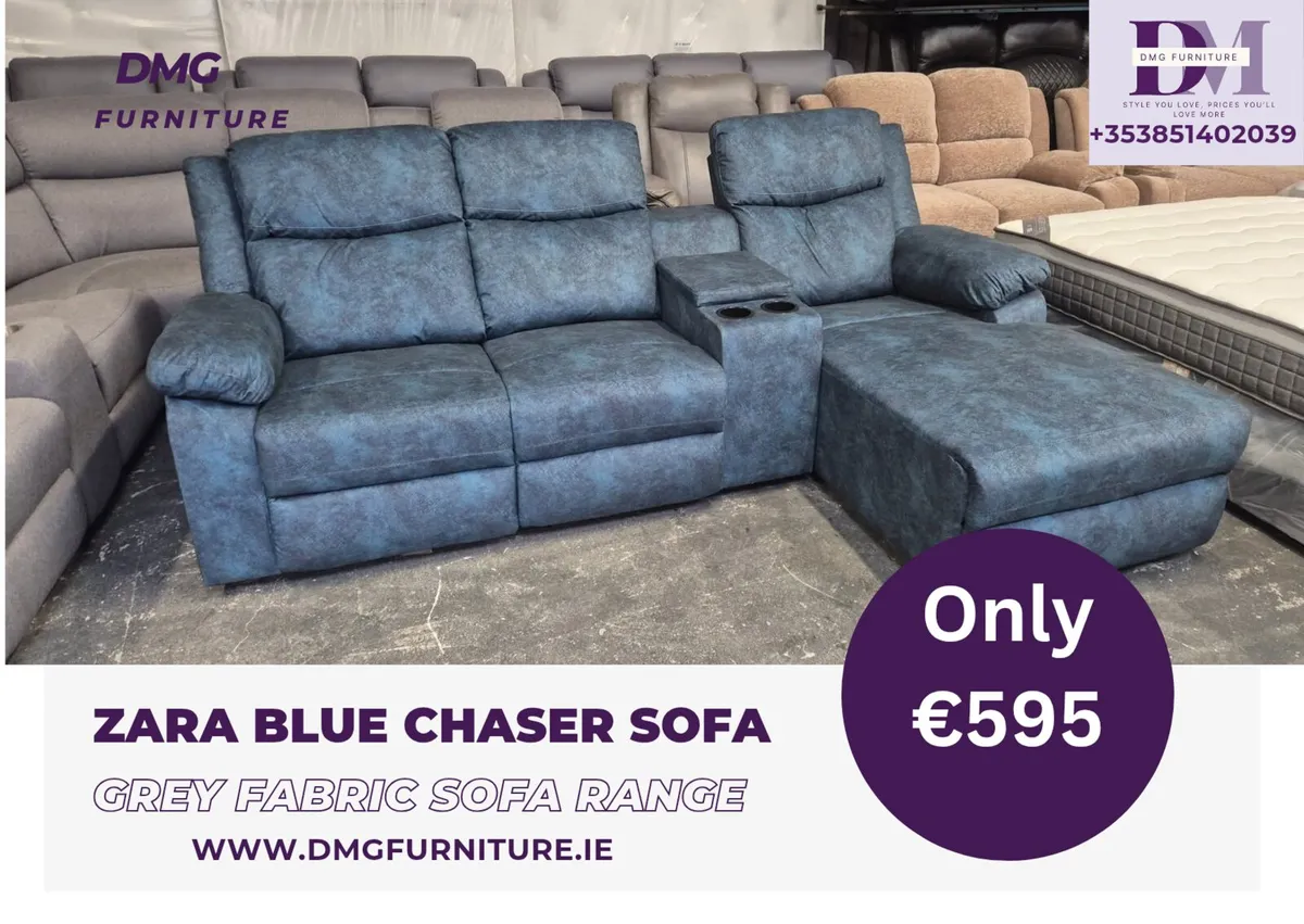 New Zara Blue Chaser Recliner Sofa - Image 1