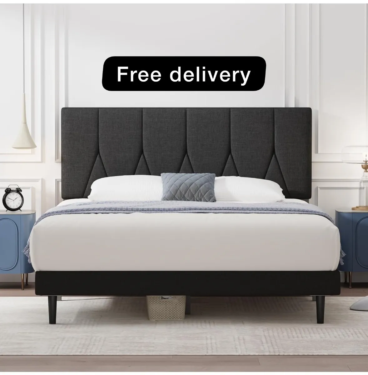King Bed Frame, Black, Upholstered Wooden Slat - Image 1