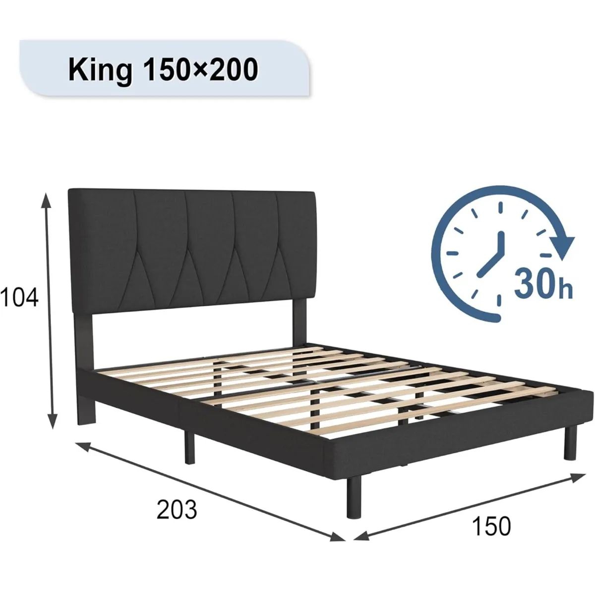King Bed Frame, Black, Upholstered Wooden Slat - Image 2
