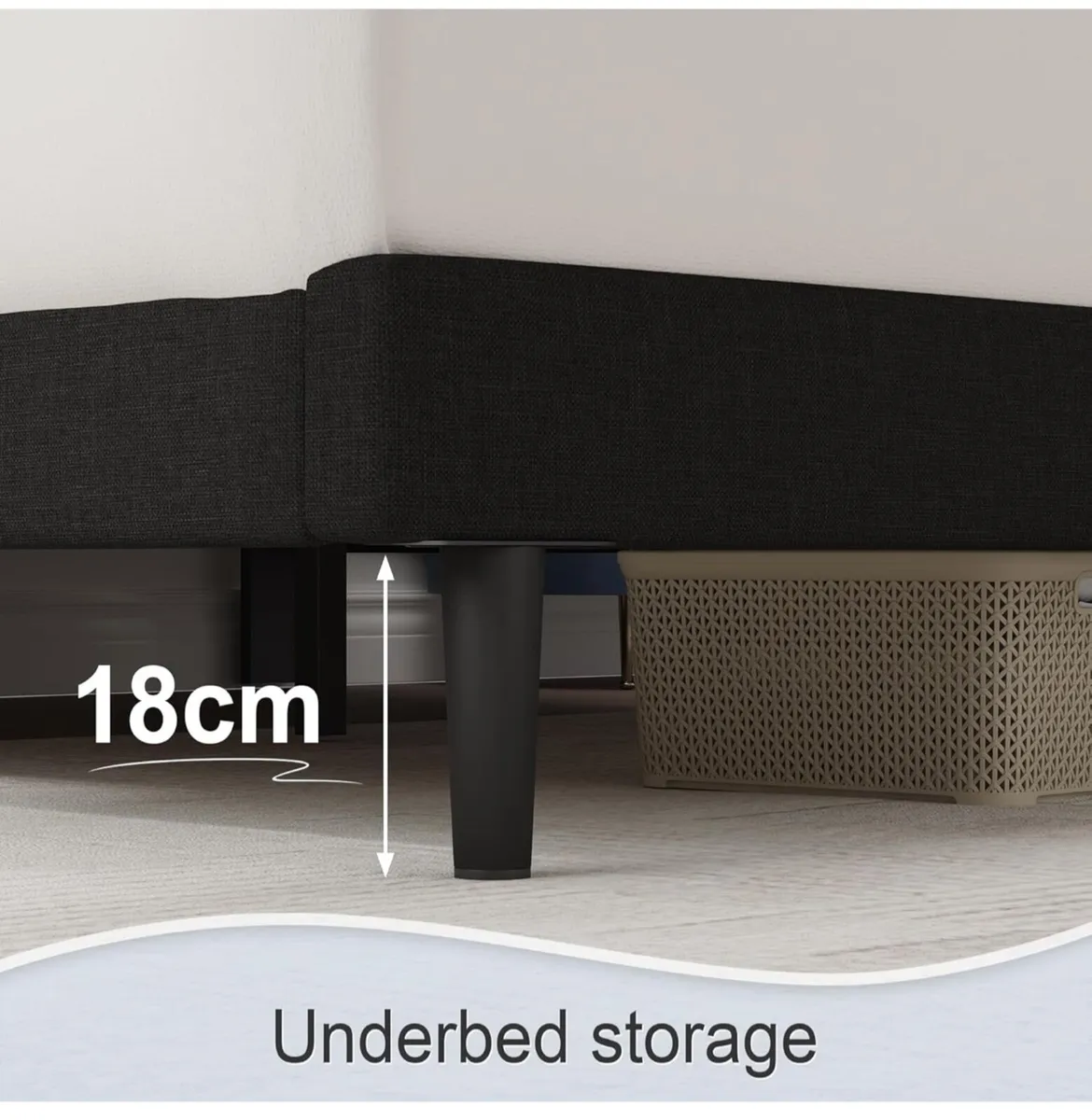 King Bed Frame, Black, Upholstered Wooden Slat - Image 4