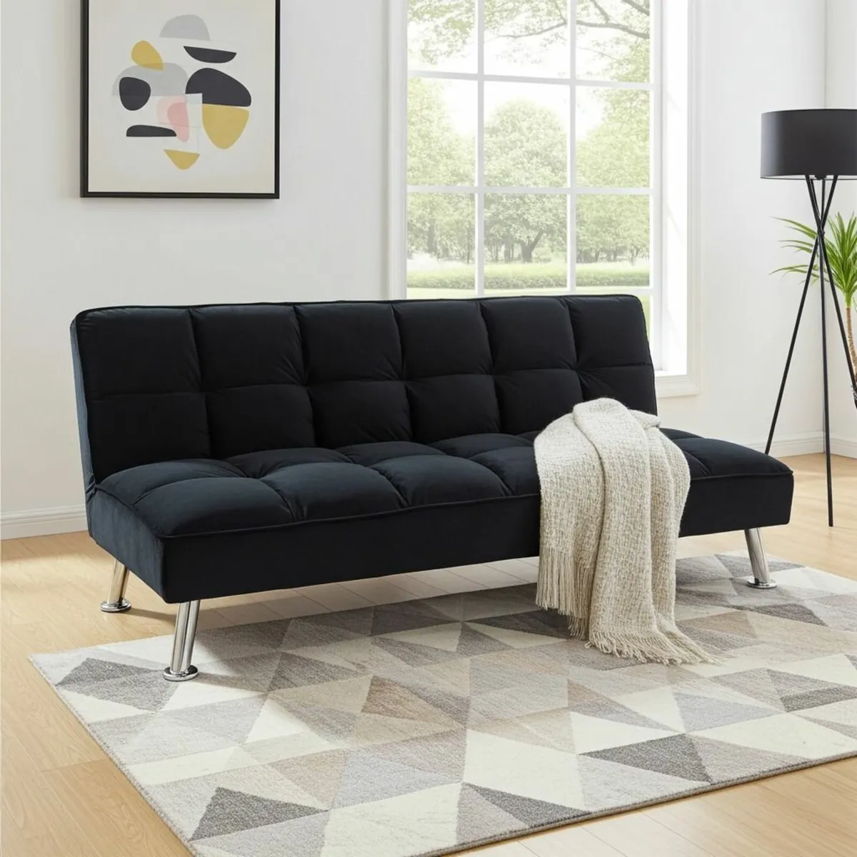 Black Folding 3 Seater Fabric Sofa Bed - Image 1